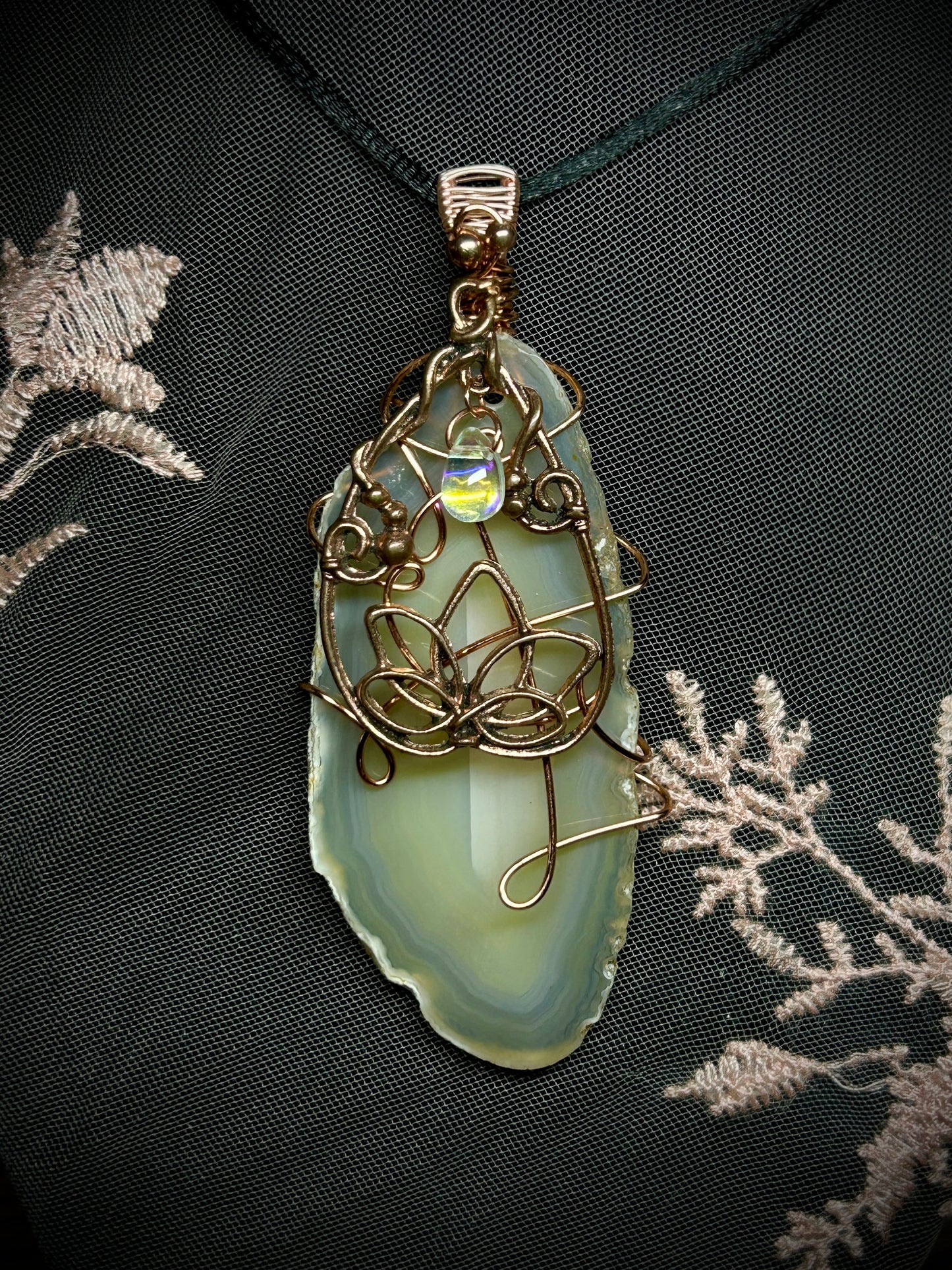 Agate Slab with Lotus Flower Charm Necklace