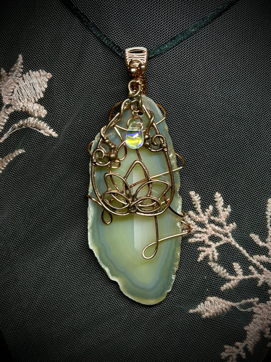 Agate Slab with Lotus Flower Charm Necklace