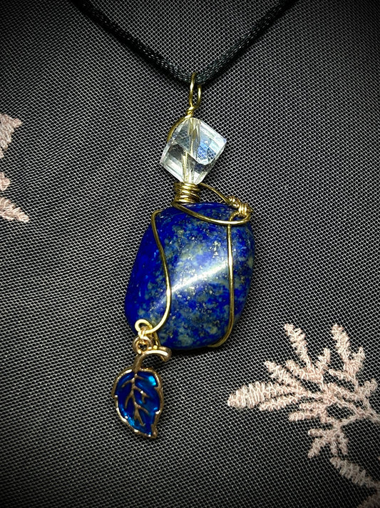 Lapis with Blue Leaf Charm Necklace