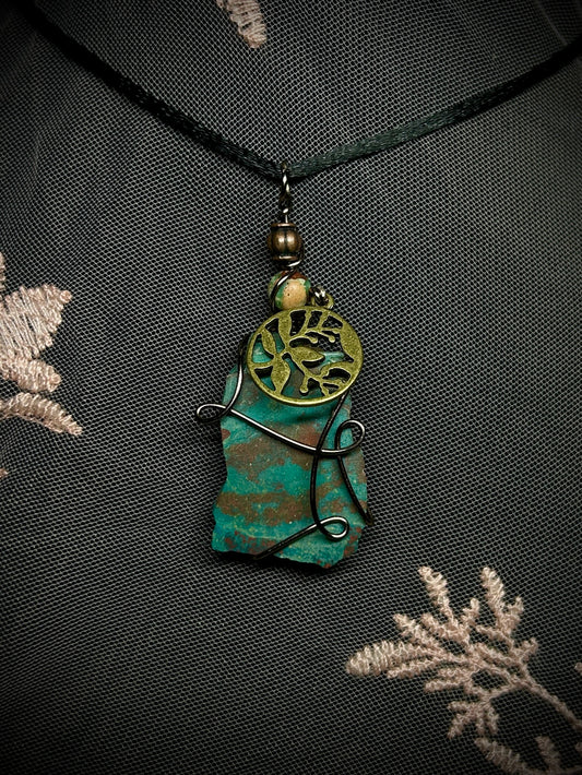 Chrysocolla with Vintage Leaf Charm Necklace