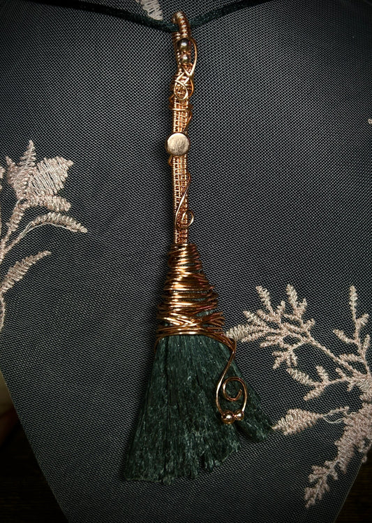Large Rose Gold Black Kyanite Witch Broom Necklace