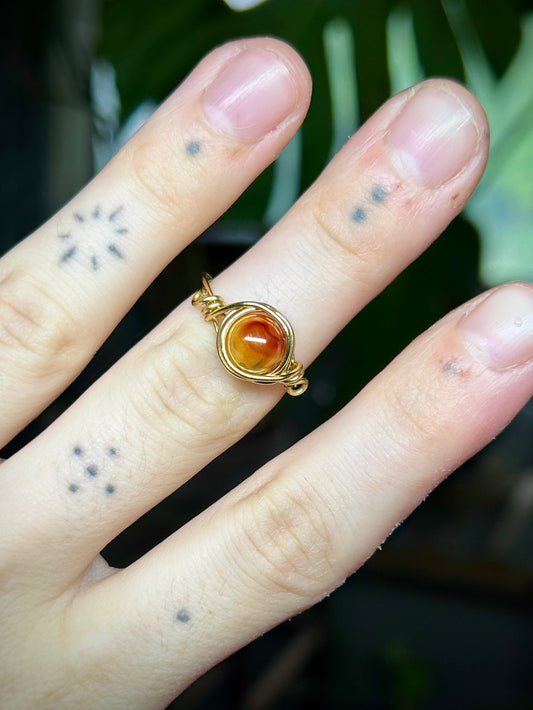 Brown Watercolor Bead Gold Ring