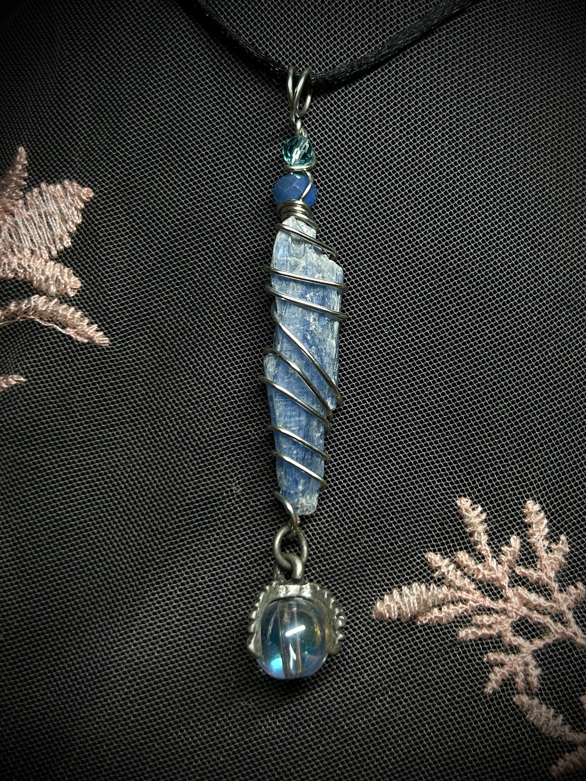 Blue Kyanite with Dangly Crystal Ball Charm Necklace