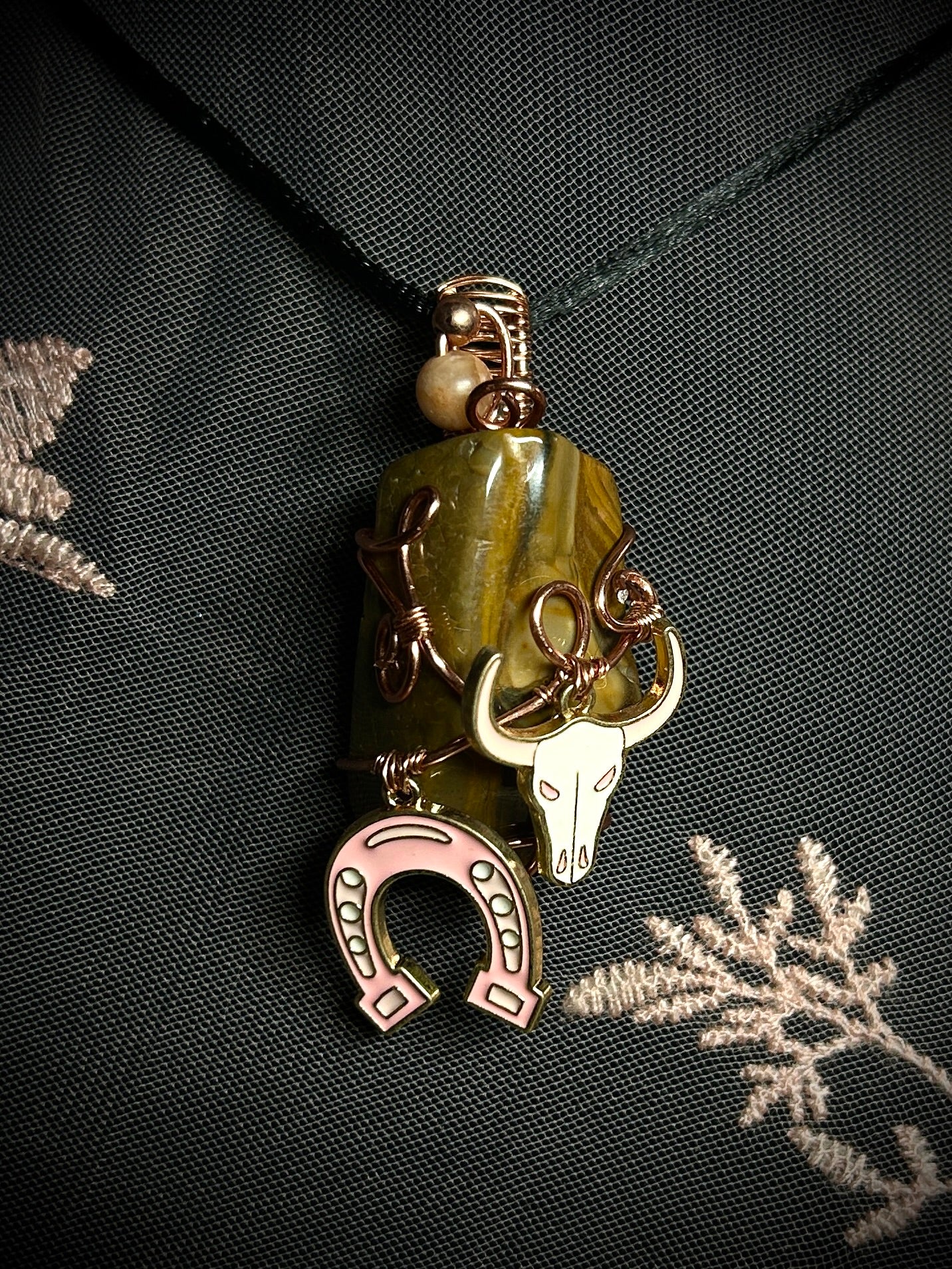 Tiger's Eye with Horseshoe & Steer Head Charm Necklace