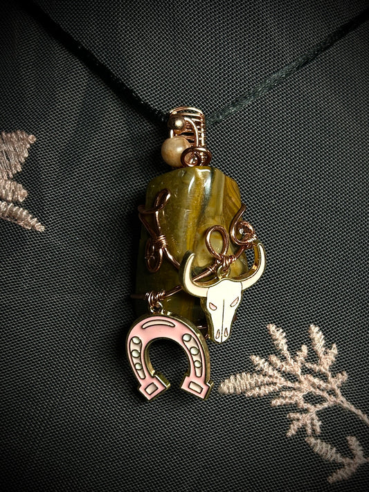 Tiger's Eye with Horseshoe & Steer Head Charm Necklace