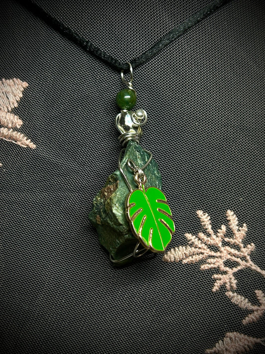 Moss Agate with Monstera Leaf Charm Necklace