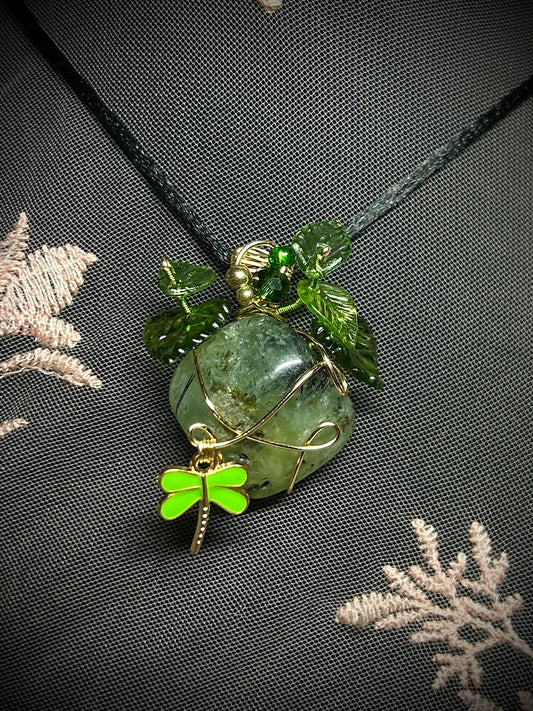Spring Pendant; Prehnite with Foliate and Dragonfly Charm Necklace