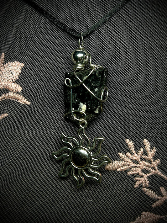 Black Tourmaline with Large Sun Charm Necklace