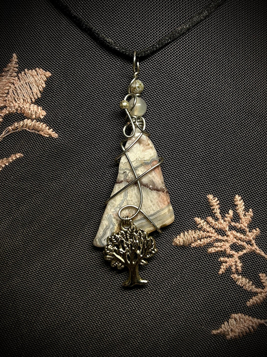 Crazy Lace Agate with Tree Charm Necklace