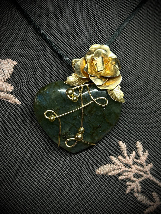 Labradorite Heart with Upcycled Rose Charm Necklace