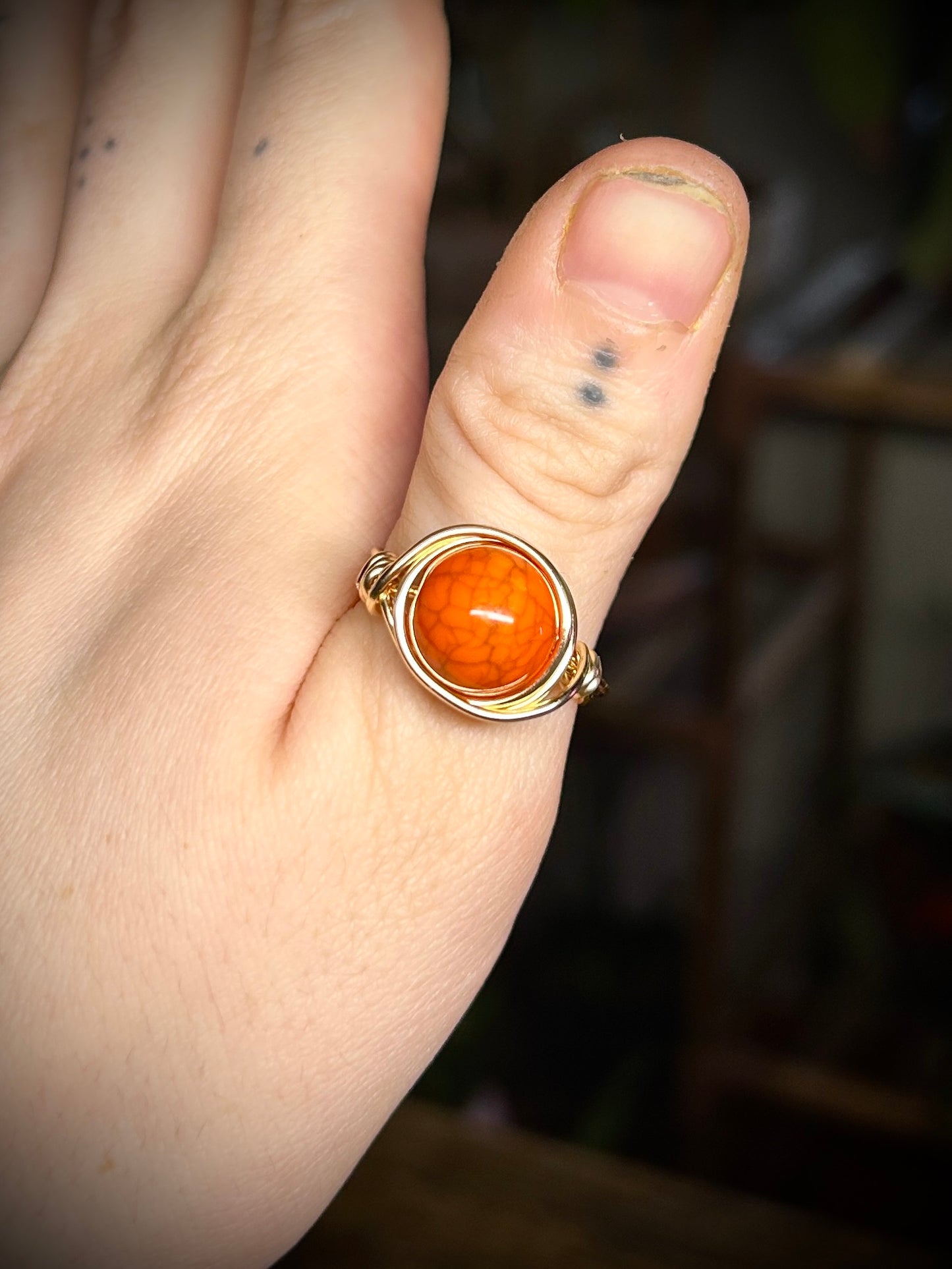 Large Orange Bead Gold Ring
