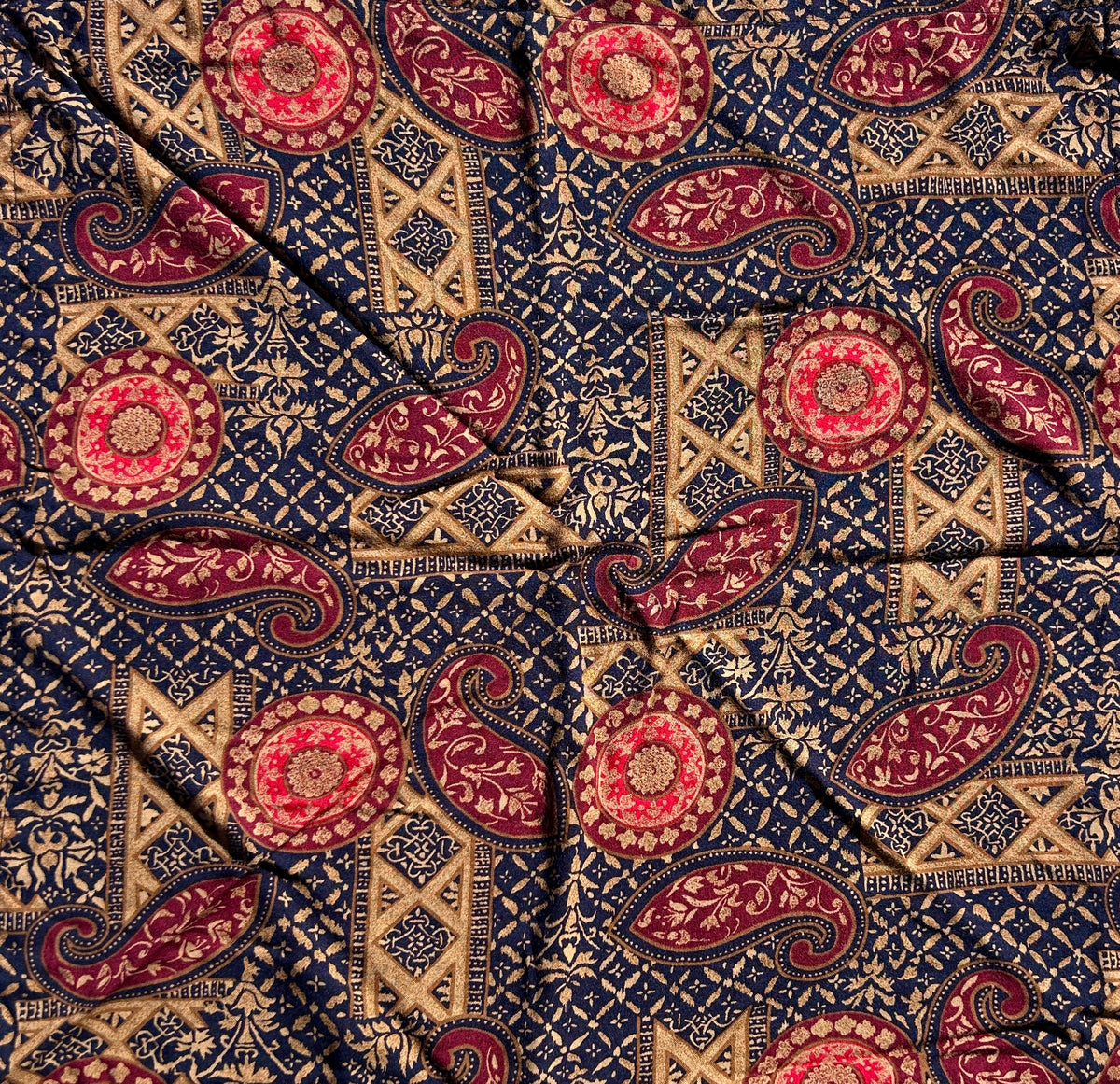 Navy, Tan, and Red Paisley Print Bandana