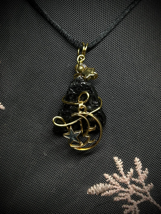 Black Tourmaline with Moon Charm Necklace