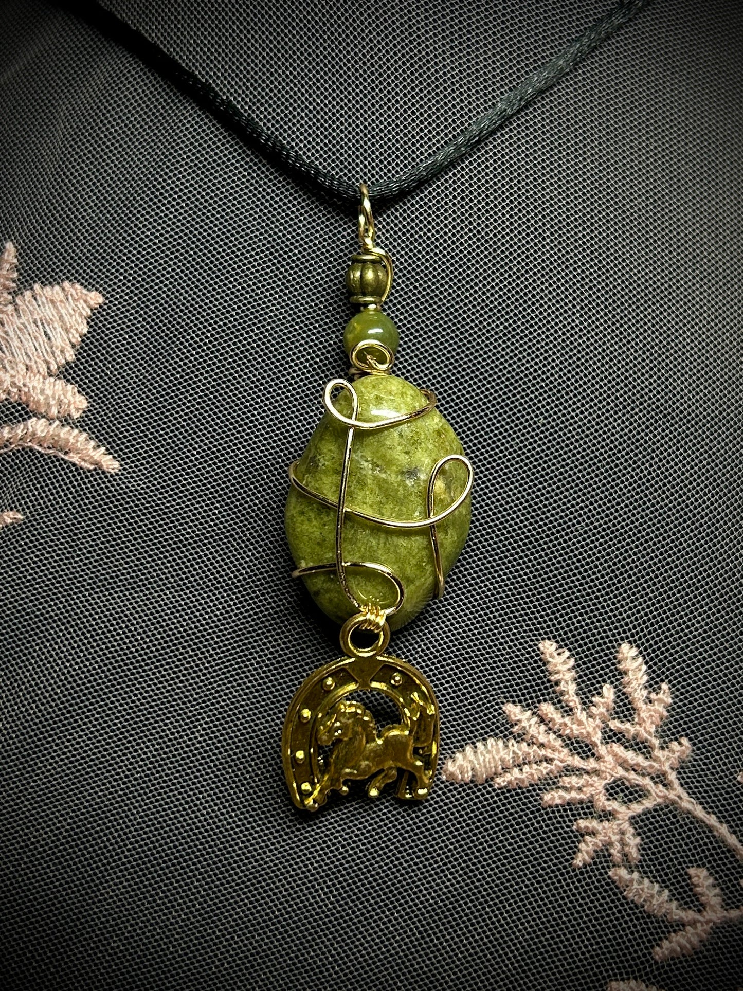 Vesuvianite with Horseshoe & Horse Charm Necklace