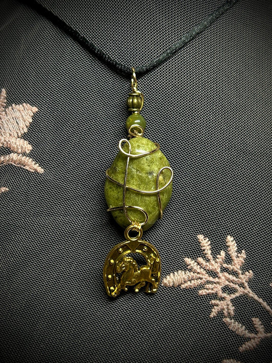 Vesuvianite with Horseshoe & Horse Charm Necklace