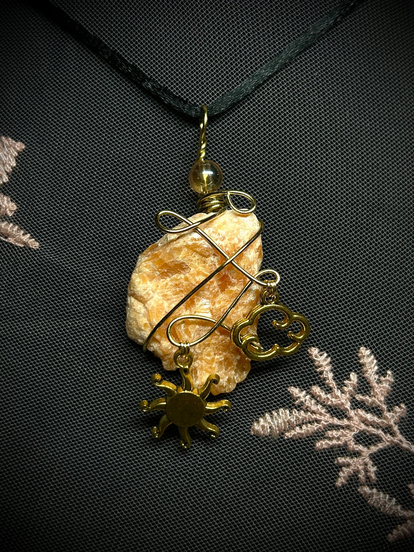 Orange Calcite with Sun & Cloud Charms Necklace