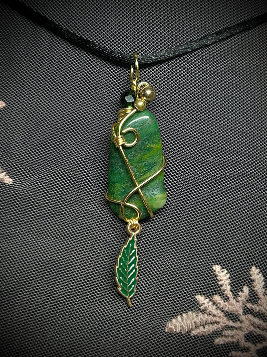 Moss Agate with Leaf Charm Necklace