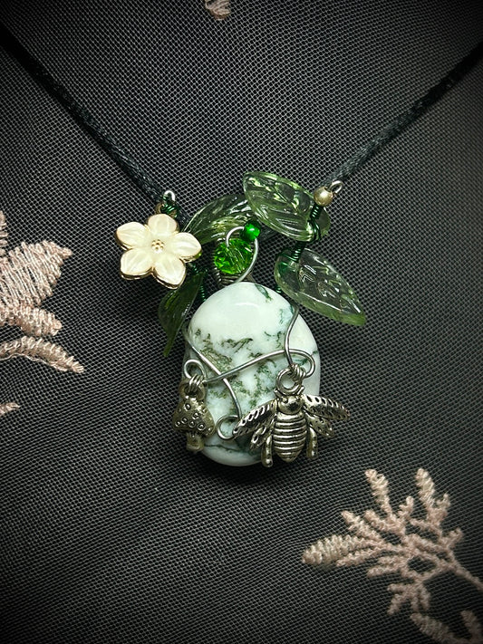 Spring Pendant; Tree Agate with Foliage and Spring Themed Charms Necklace
