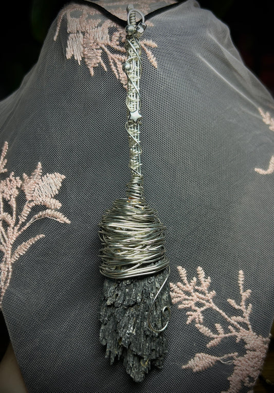Black Kyanite Witch Broom Necklace
