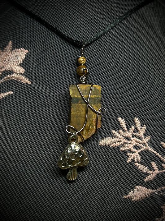 Tiger's Eye with Mushroom Charm Necklace