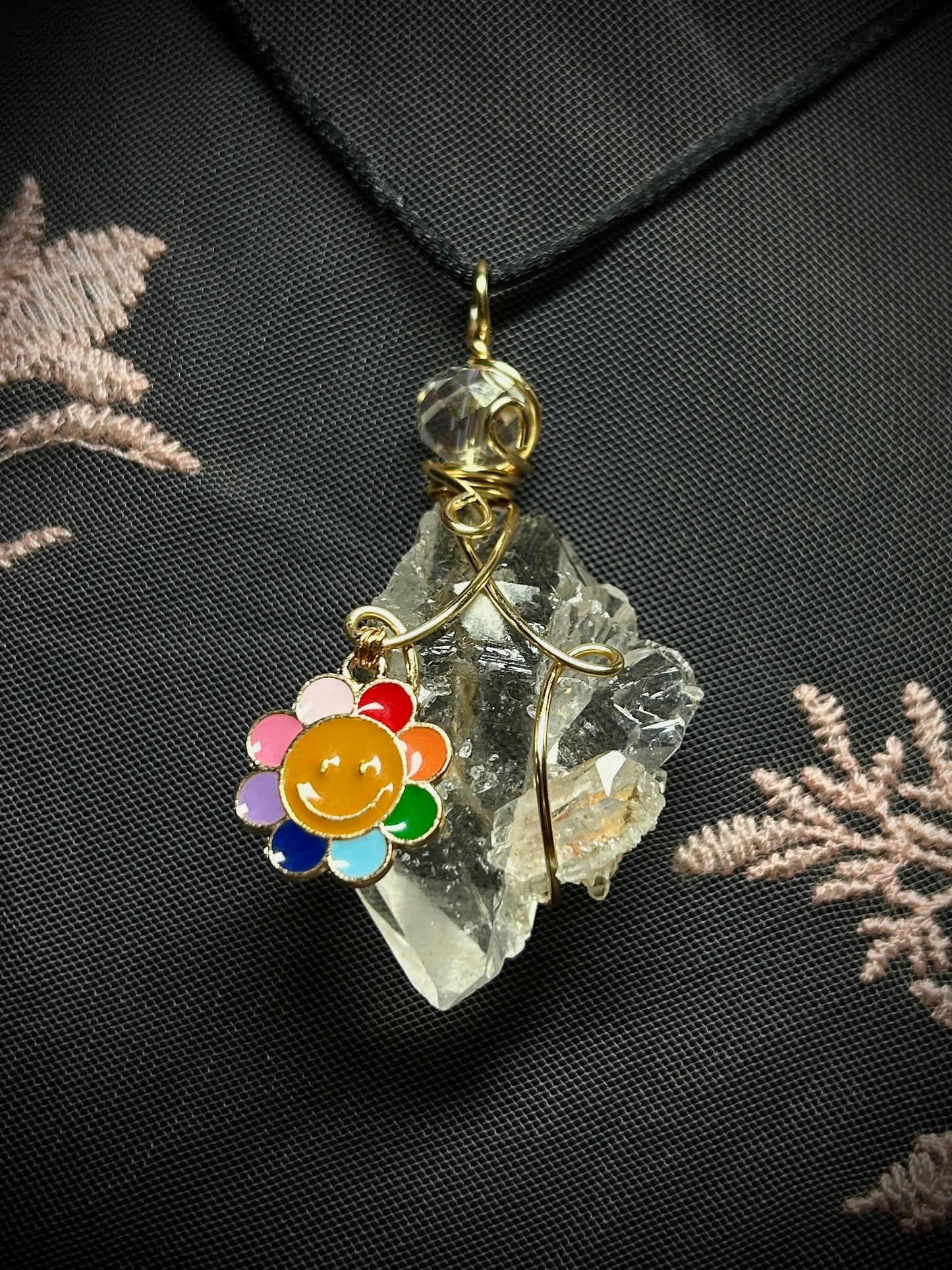 Quartz Cluster with Rainbow Smiley Charm Necklace