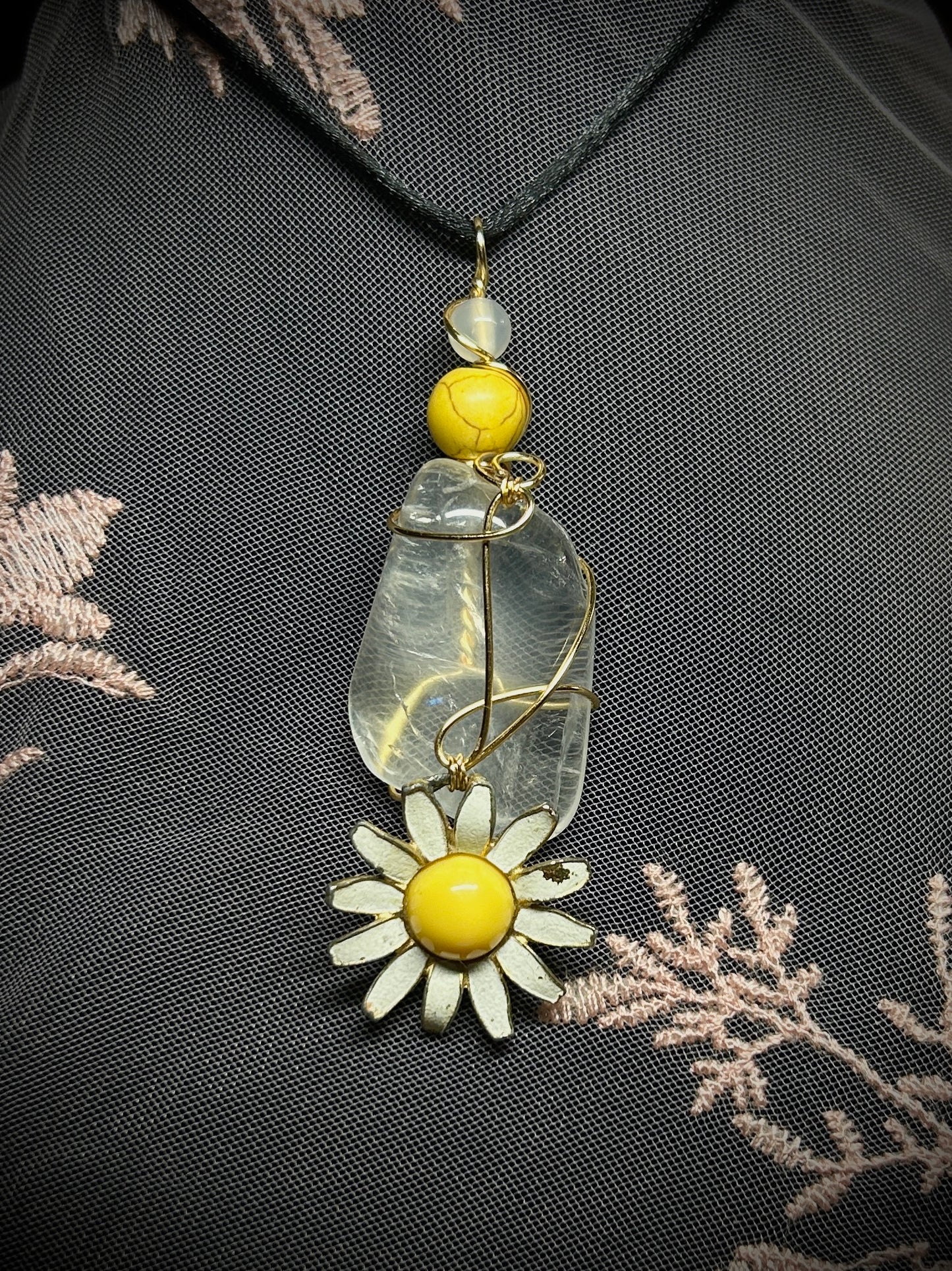 Quartz with Antique Daisy Charm Necklace