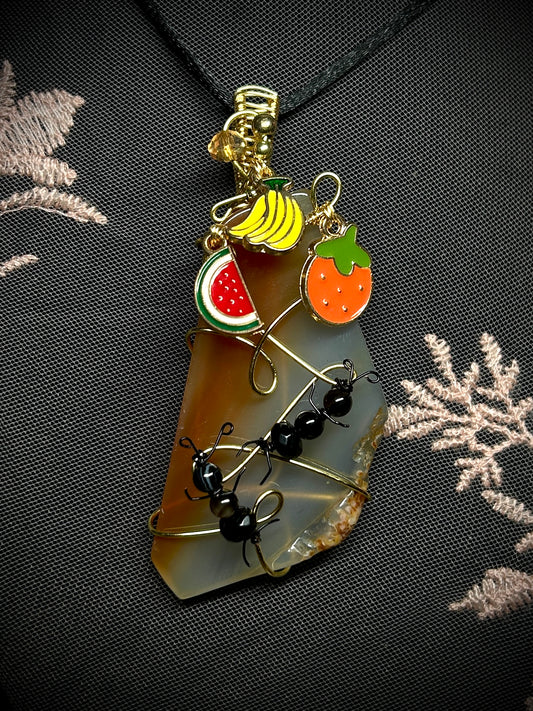 Ants Following Fruit Red Agate Slab Necklace