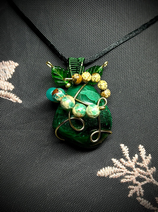 Caterpillars on a Leaf Malachite Necklace