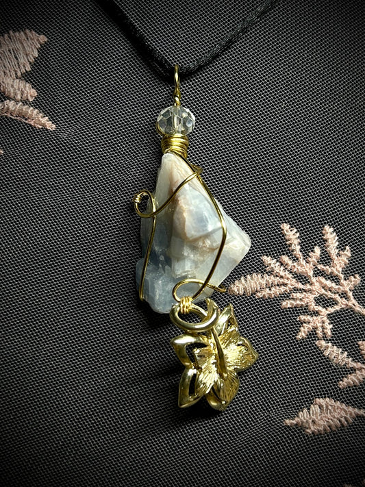Blue Calcite with Unique Gold Leaf Charm Necklace