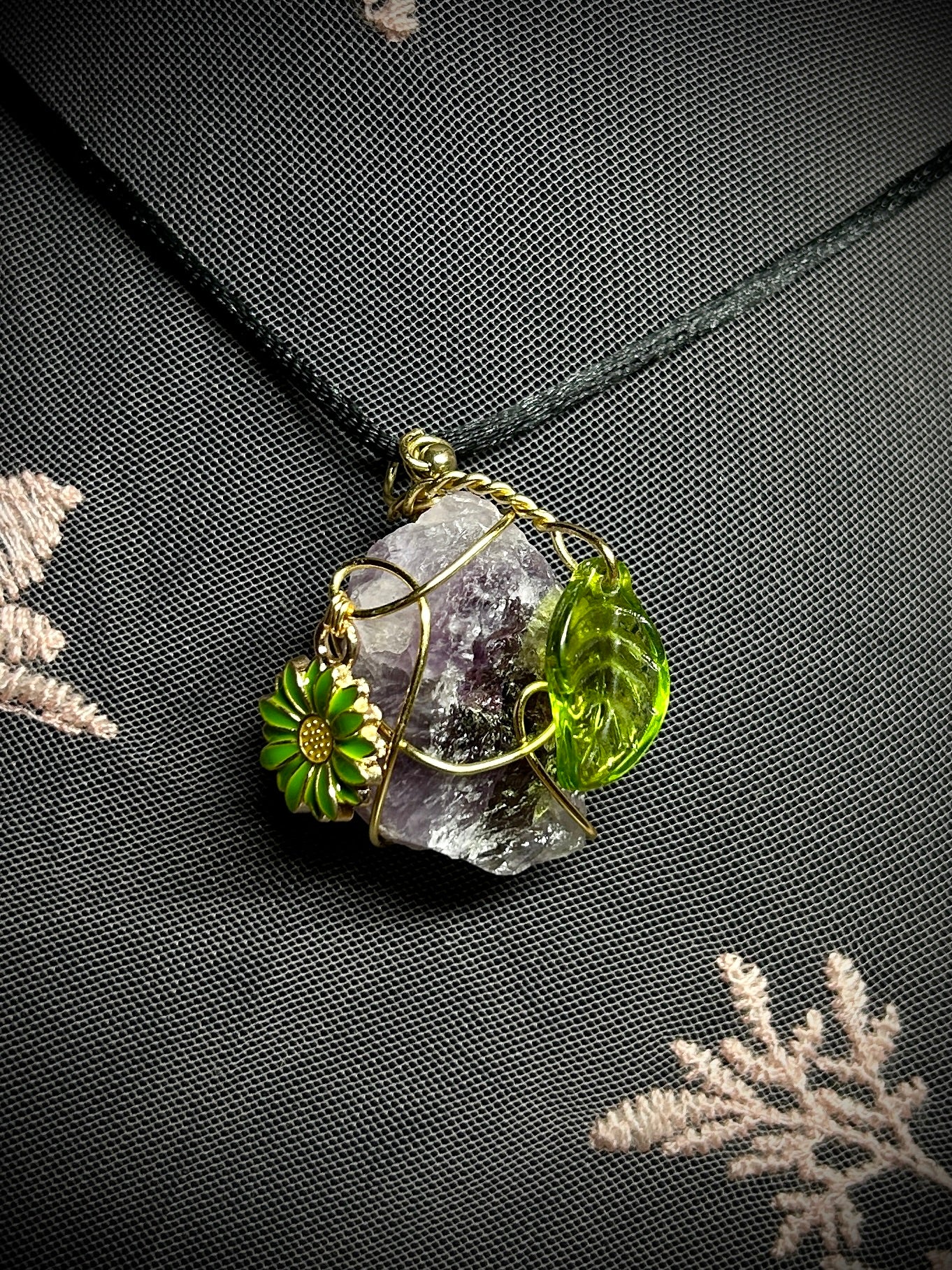 Amethyst with Leaf & Green Flower Charm Necklace