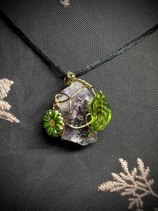 Amethyst with Leaf & Green Flower Charm Necklace
