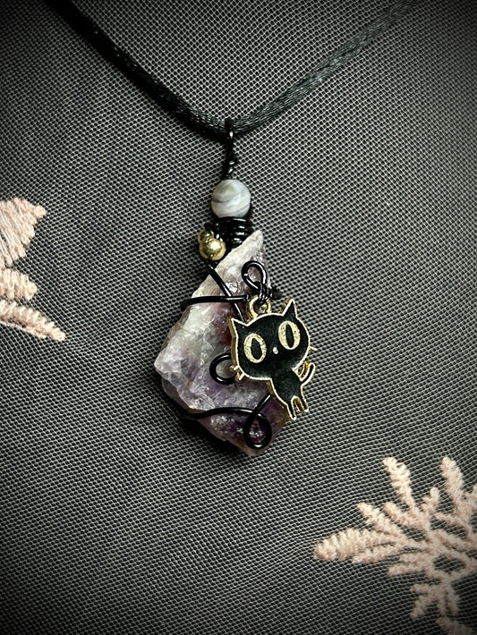 Amethyst with Black Cat Charm Necklace