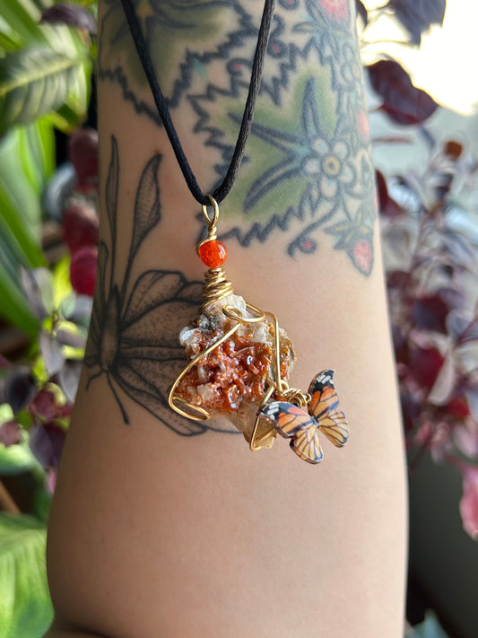 Vanadinite on Barite with Monarch Butterfly Charm Necklace