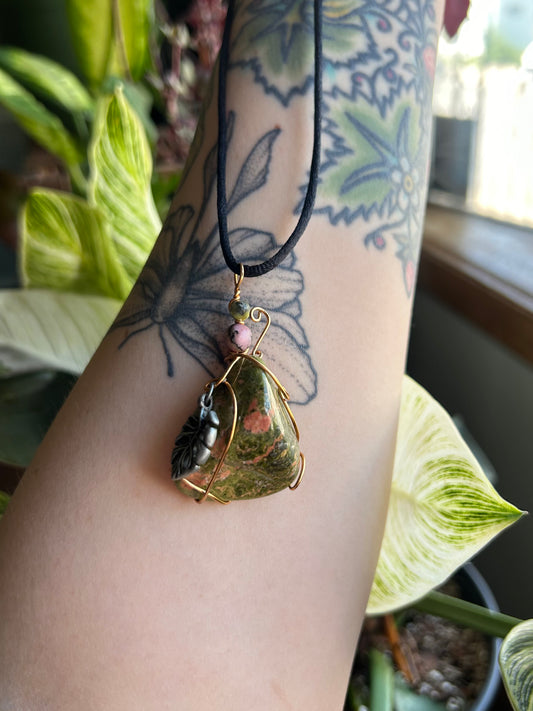Unakite with Monstera Charm Necklace