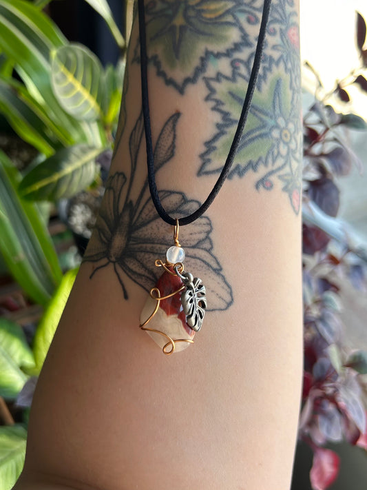 Jasper with Monstera Charm Necklace