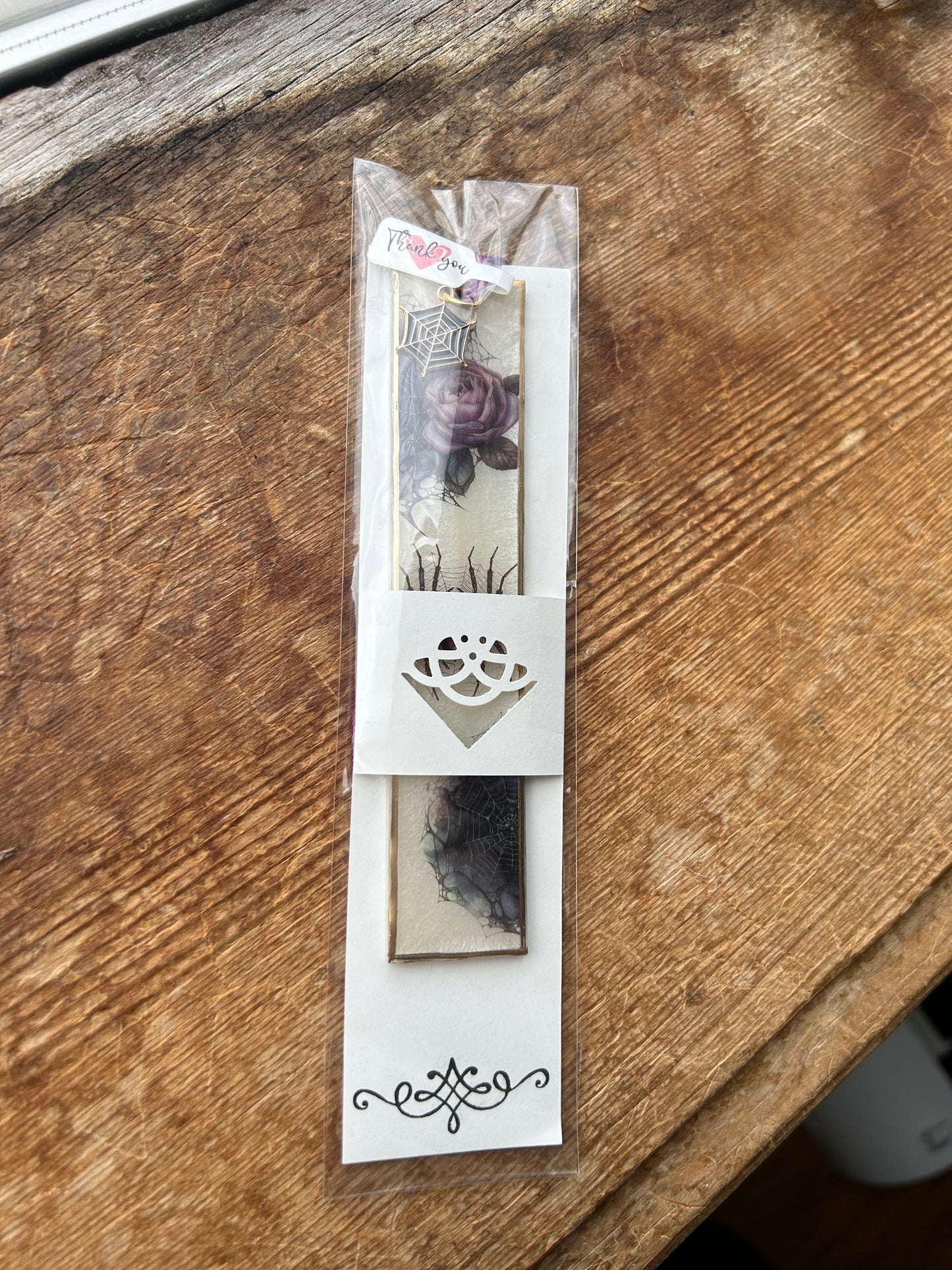 Rose and Spiderweb with Spiderweb Charm Bookmark