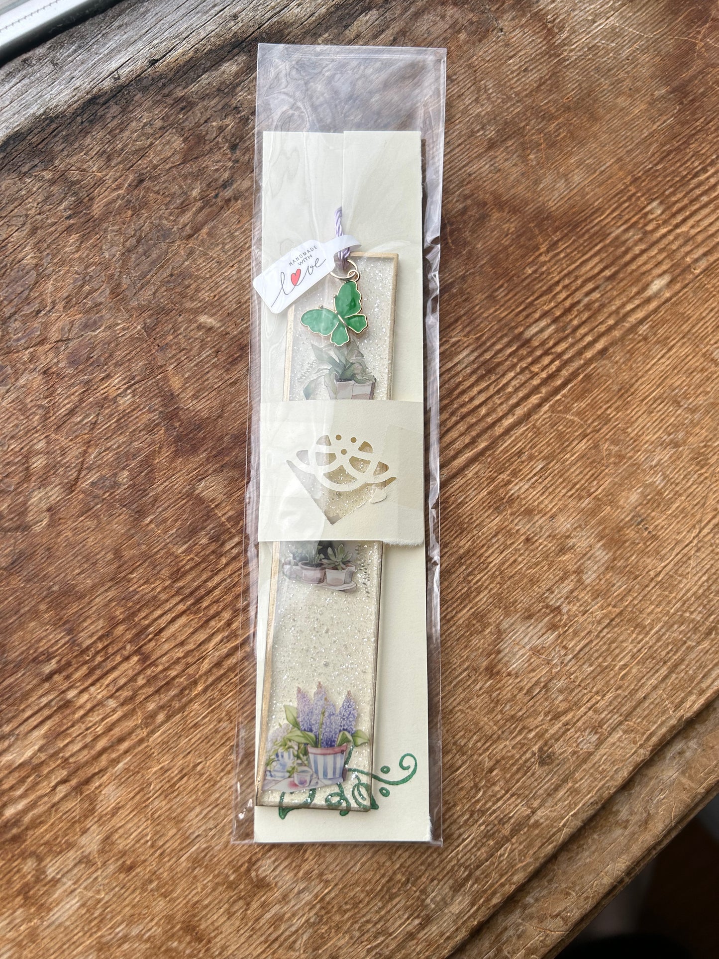 Flower with Green Butterfly Charm Bookmark