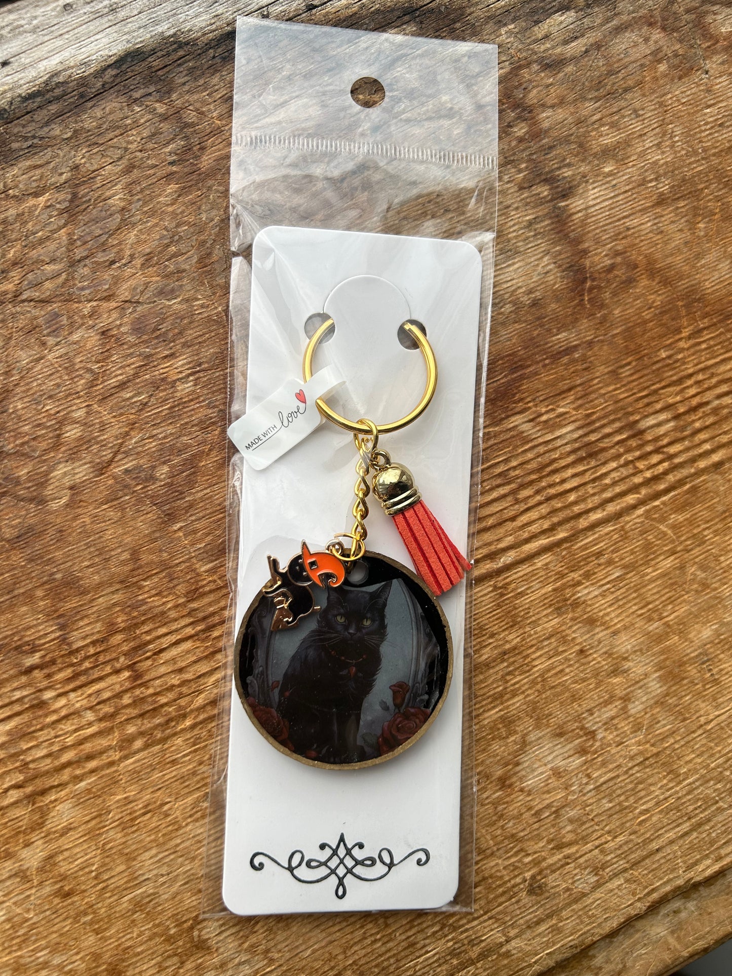 Black Cat with Cat Charm Keychain