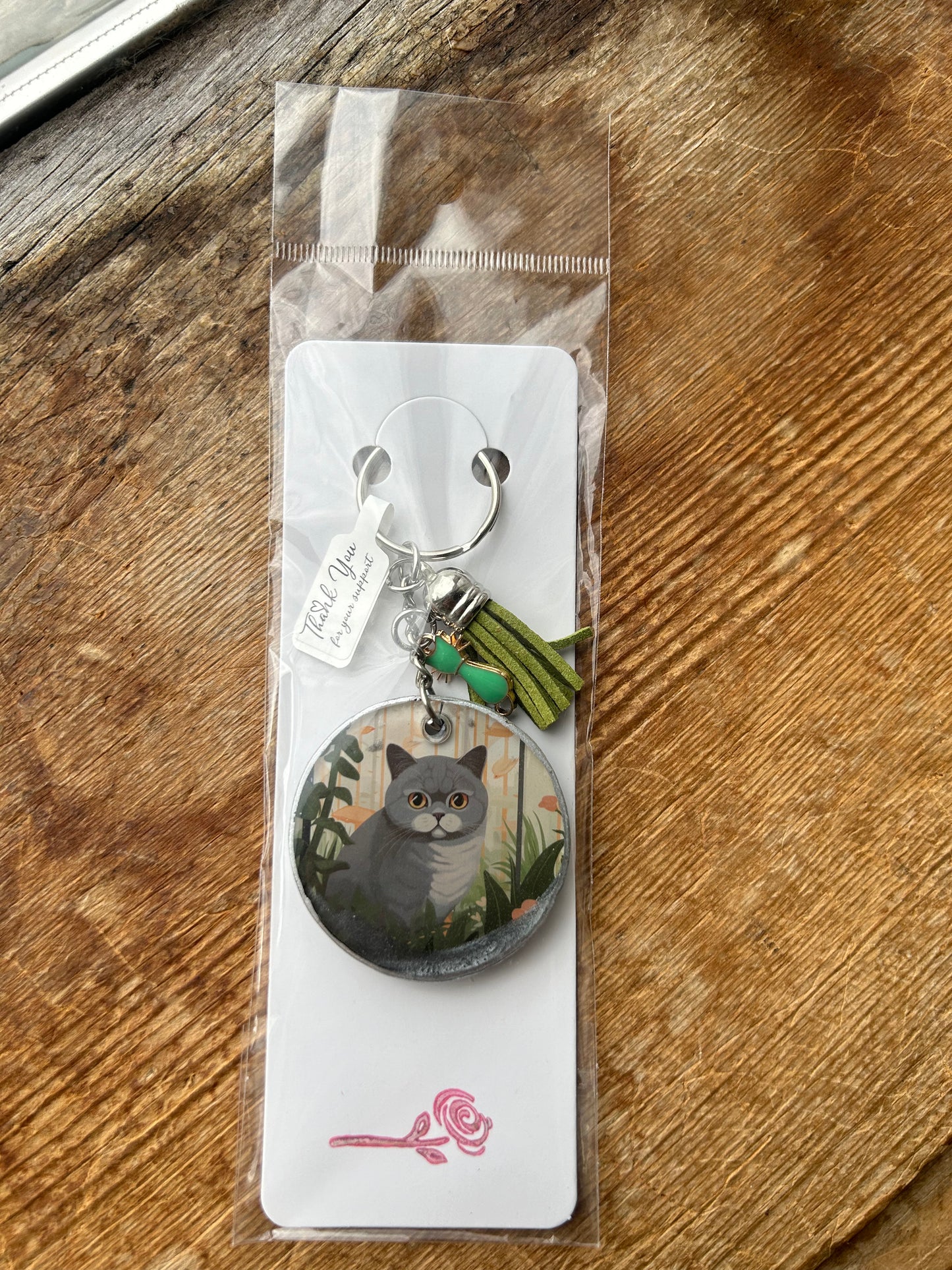 Gray Cat with Green Charms Keychain