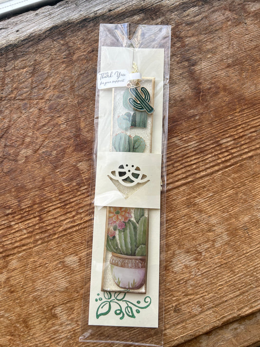 Potted Flowered Cactus with Cactus Charm Bookmark