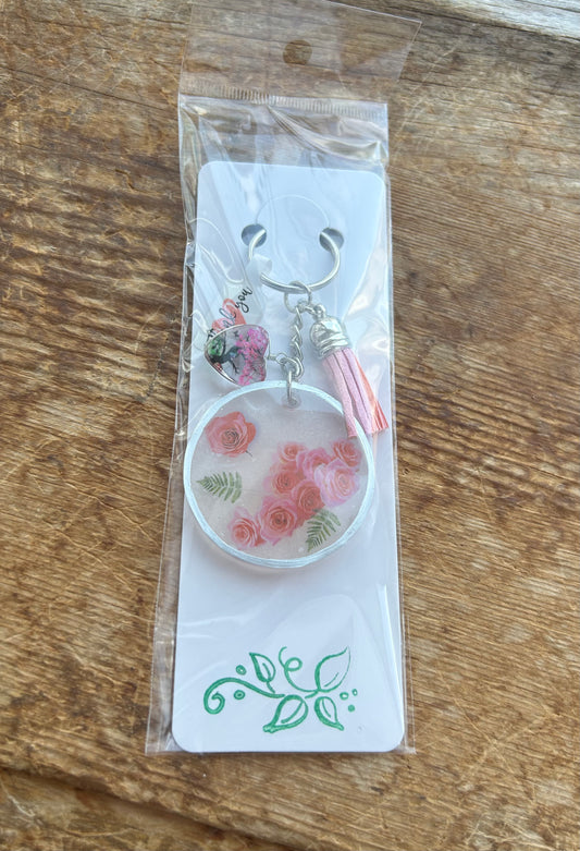 Pink Flower Keychain with Pink Tree Charm