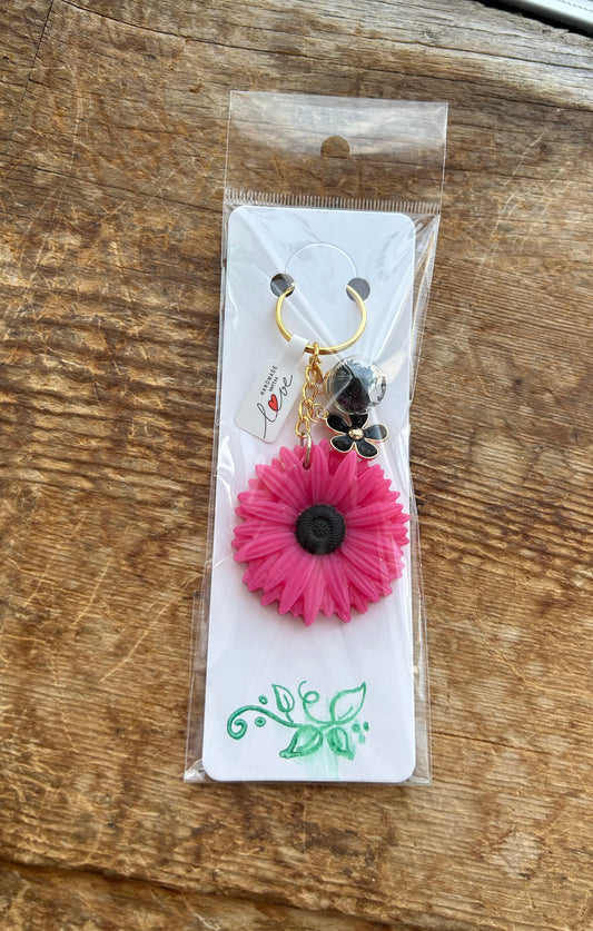 Pink and Black Flower Keychain with Black Flower Charm