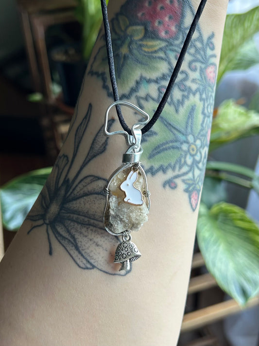 Natural Quartz Mushroom Bail ft Bunny and Mushroom Charm Necklace