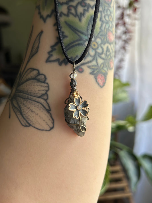 Natural Smokey Quartz with Black Flower Charm Necklace