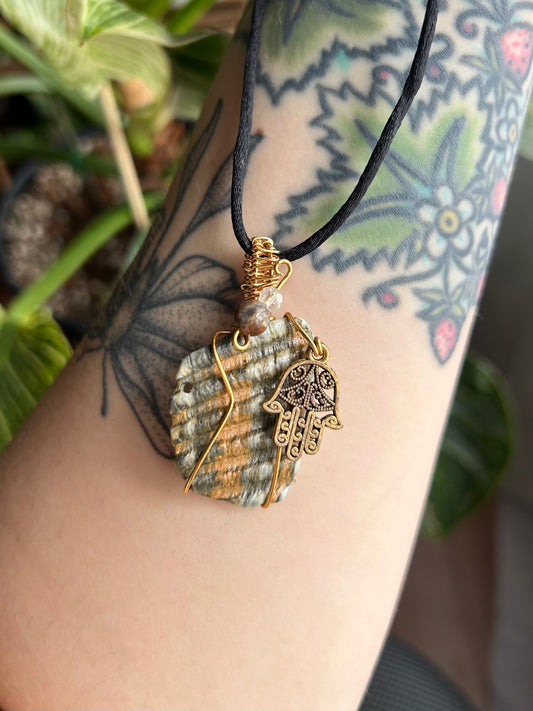 Striped & Rippled Seashell with Ornamental Hand Charm Necklace