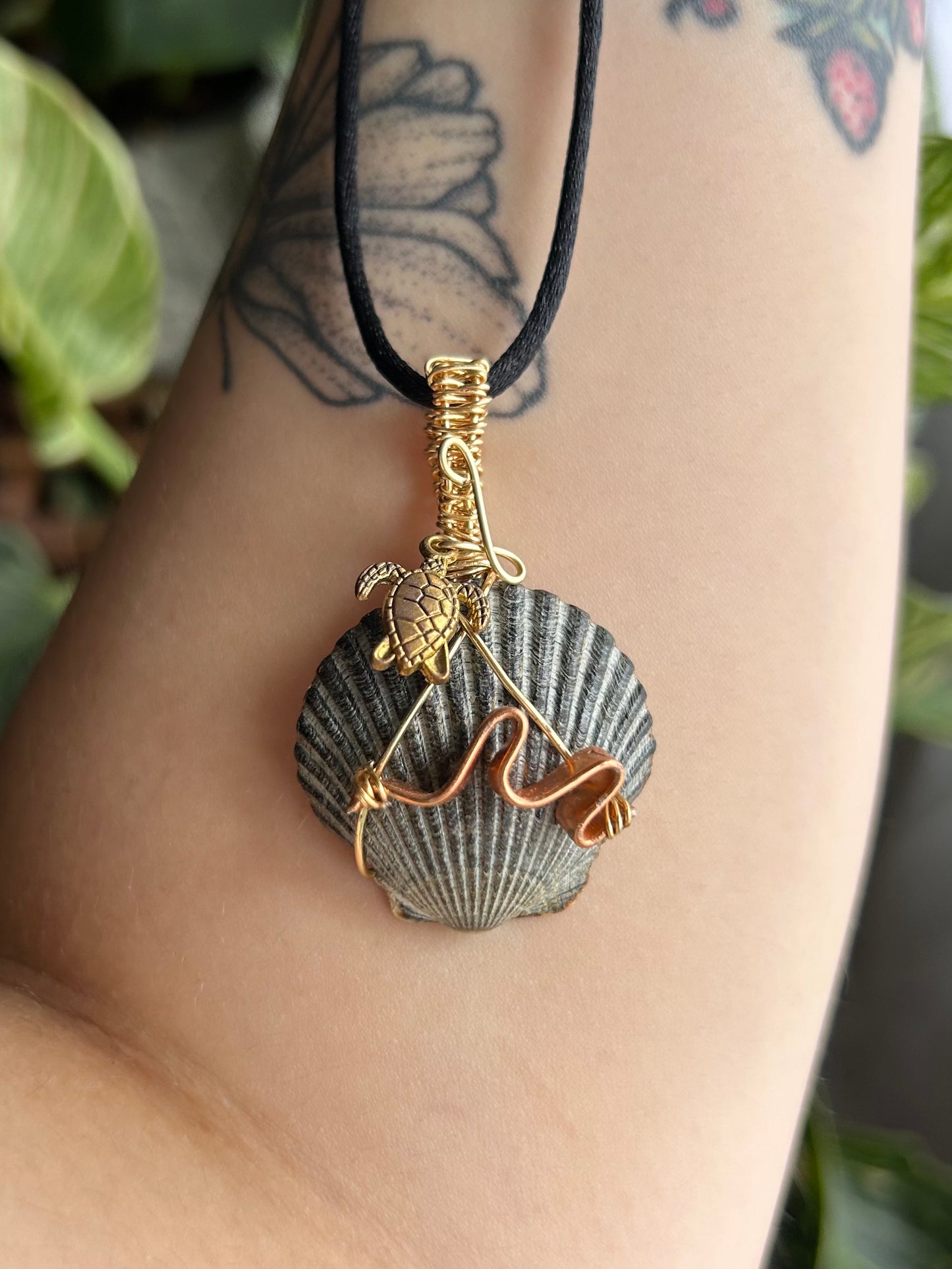 Seashell with Waves and Turtle Charm Necklace