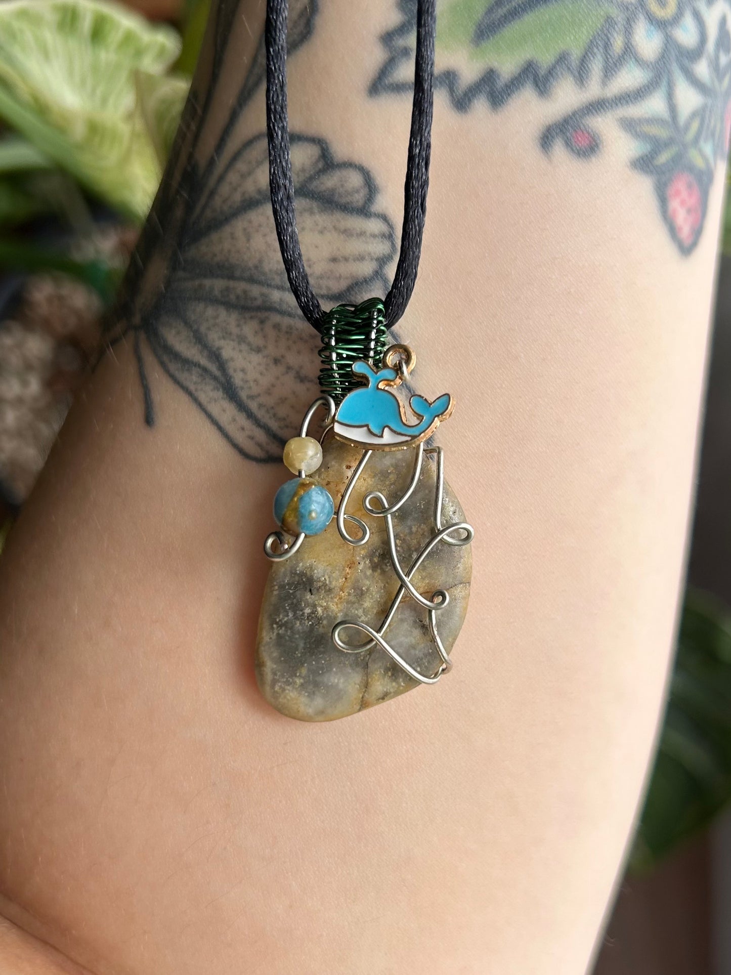 Blue and Tan Seaglass with Whale Charm Necklace