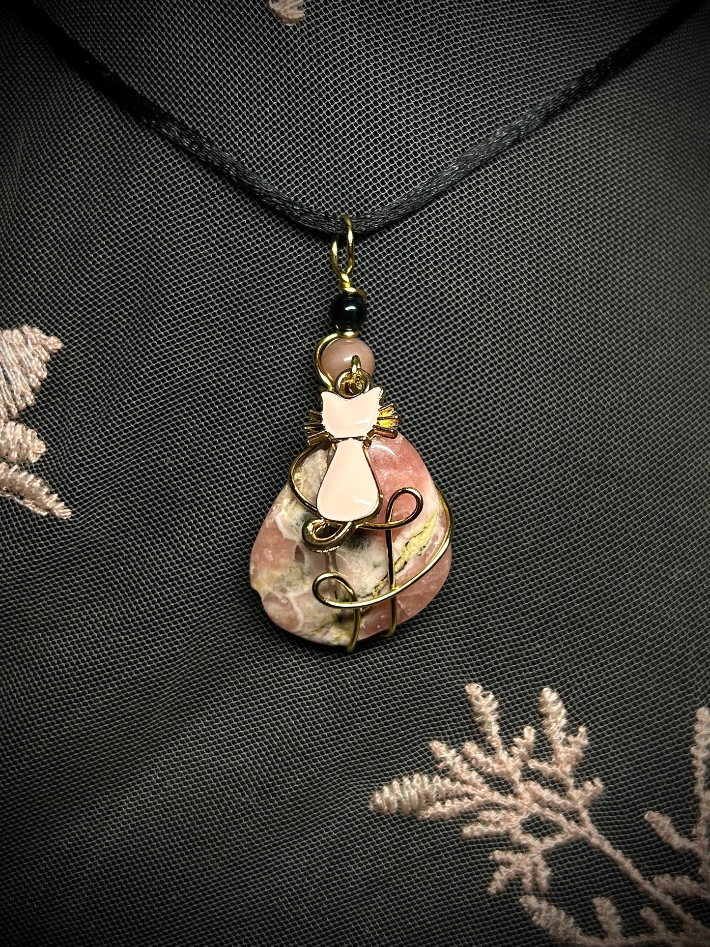 Rhodochrosite with Pink Cat Charm Necklace
