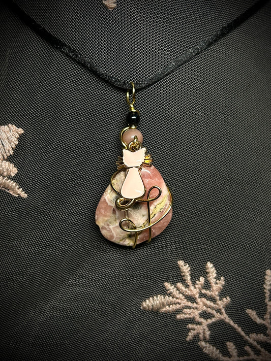 Rhodochrosite with Pink Cat Charm Necklace