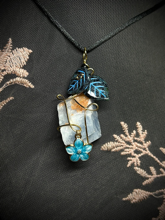Blue Calcite with Leaves and Flower Charms Necklace